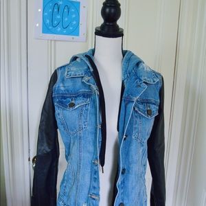 Leather sleeved denim jacket